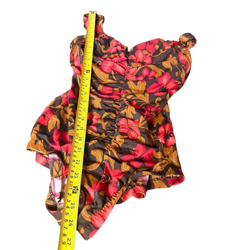 Vintage Maxine Swimsuit Size 12‎ One Piece Hawaiian Floral Brown Red Ruched